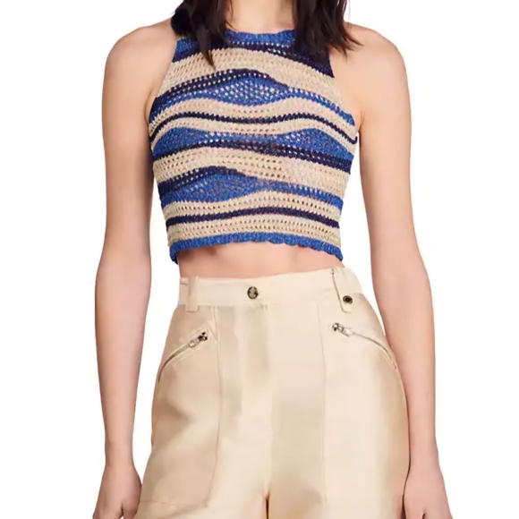 New With tags Sandro Octave Metallic Stripe Crochet Crop Tank Top FR 1/fits XS/S - Picture 1 of 11